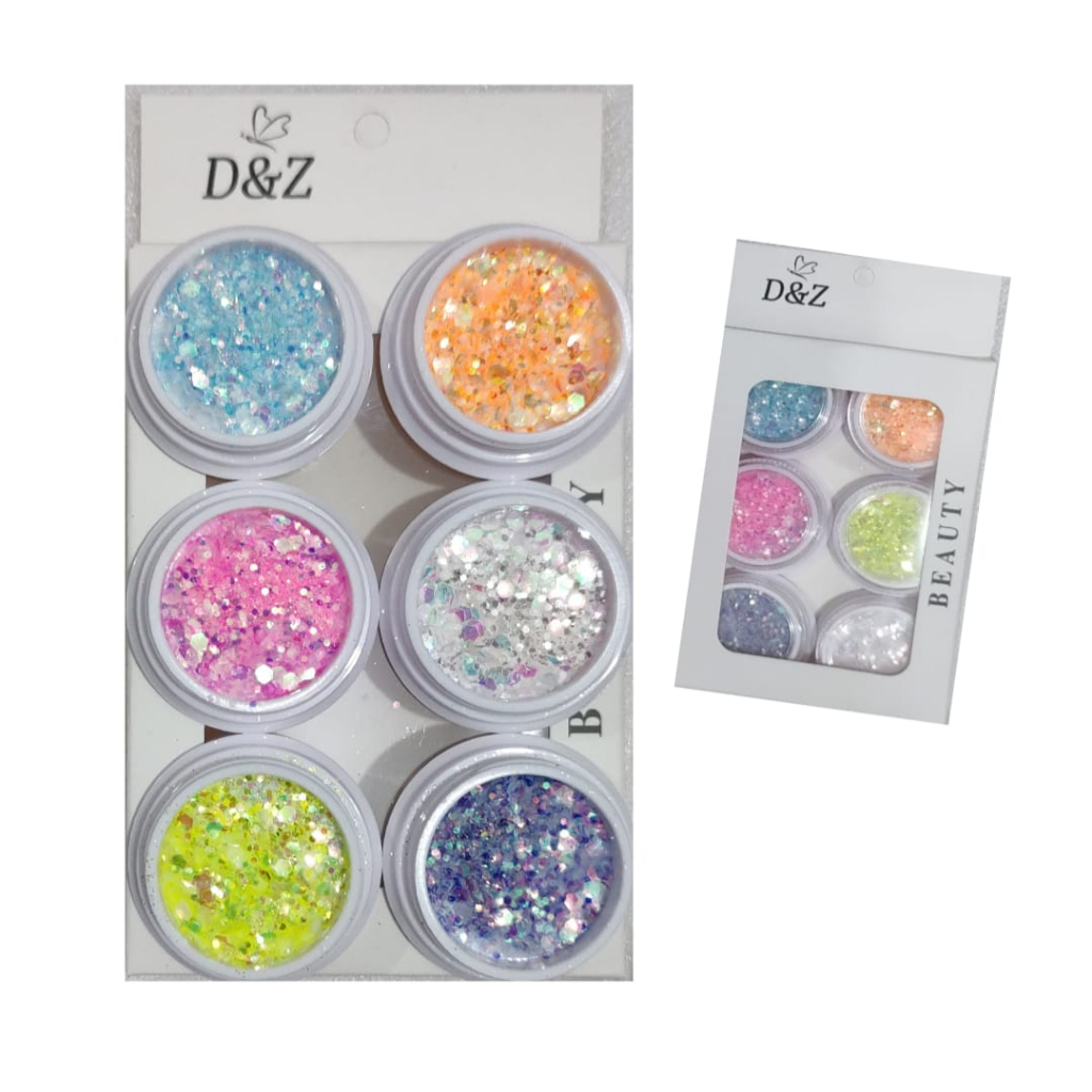 Kit 6 Glitter Flocado Colorido Encapsulada para Decoração de Unhas Gliter Confete