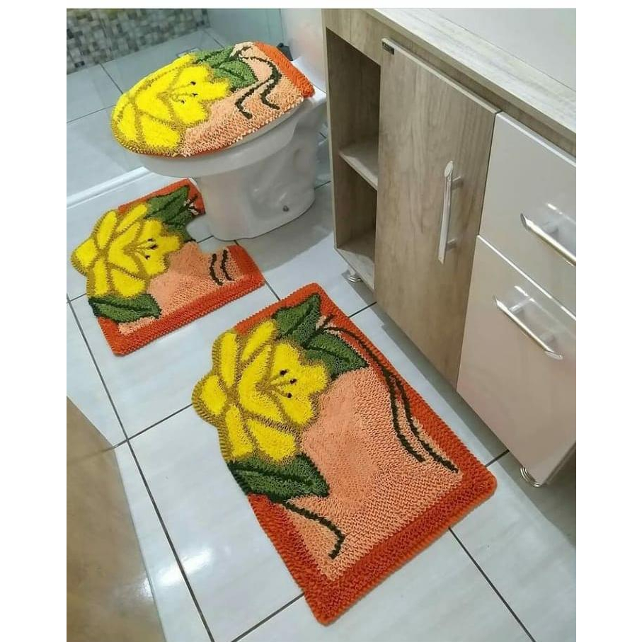 Jogo De Tapete Banheiro 3 Peças Frufru Flor Amarela