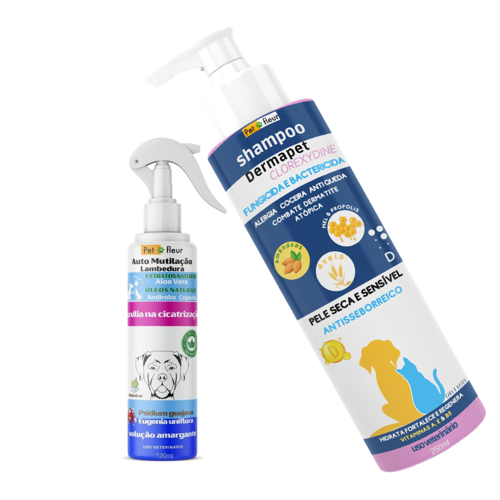 Kit Shampoo Clorexidina + Spray Lamdebura Coceira Dermatite e Seborreia Oleosa Em Cães Fragrância Neutro