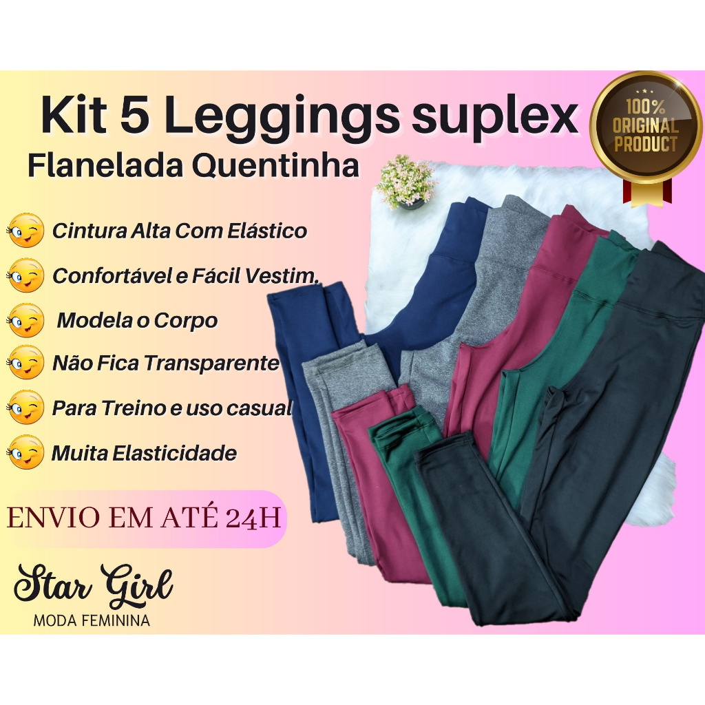 Kit 5 Calças Leggins Cintura Alta Suplex não transparente Fitness Academia Forrada Peluciada