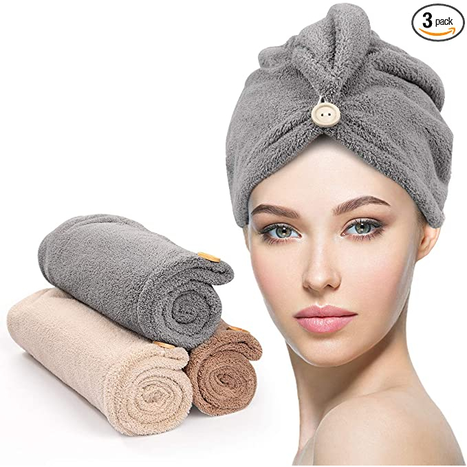 Kit 3 Toalha De Cabelo Banho Toalha Grossa Mágica Microfibras Com Botão Adequado Para Cabe...
