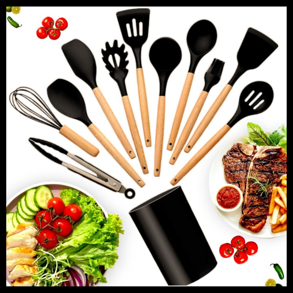 Jogo Kit C/12 Peças Utensílios De Cozinha Colher Espatula Silicone Cabo Madeira Decoração Livre BPA