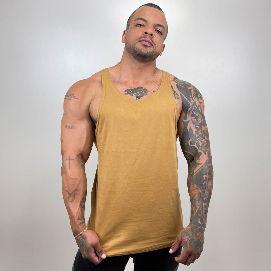 Regata Masculina Cavada em Algodão Caramelo Lisa Básica Sem Estampa Bombey