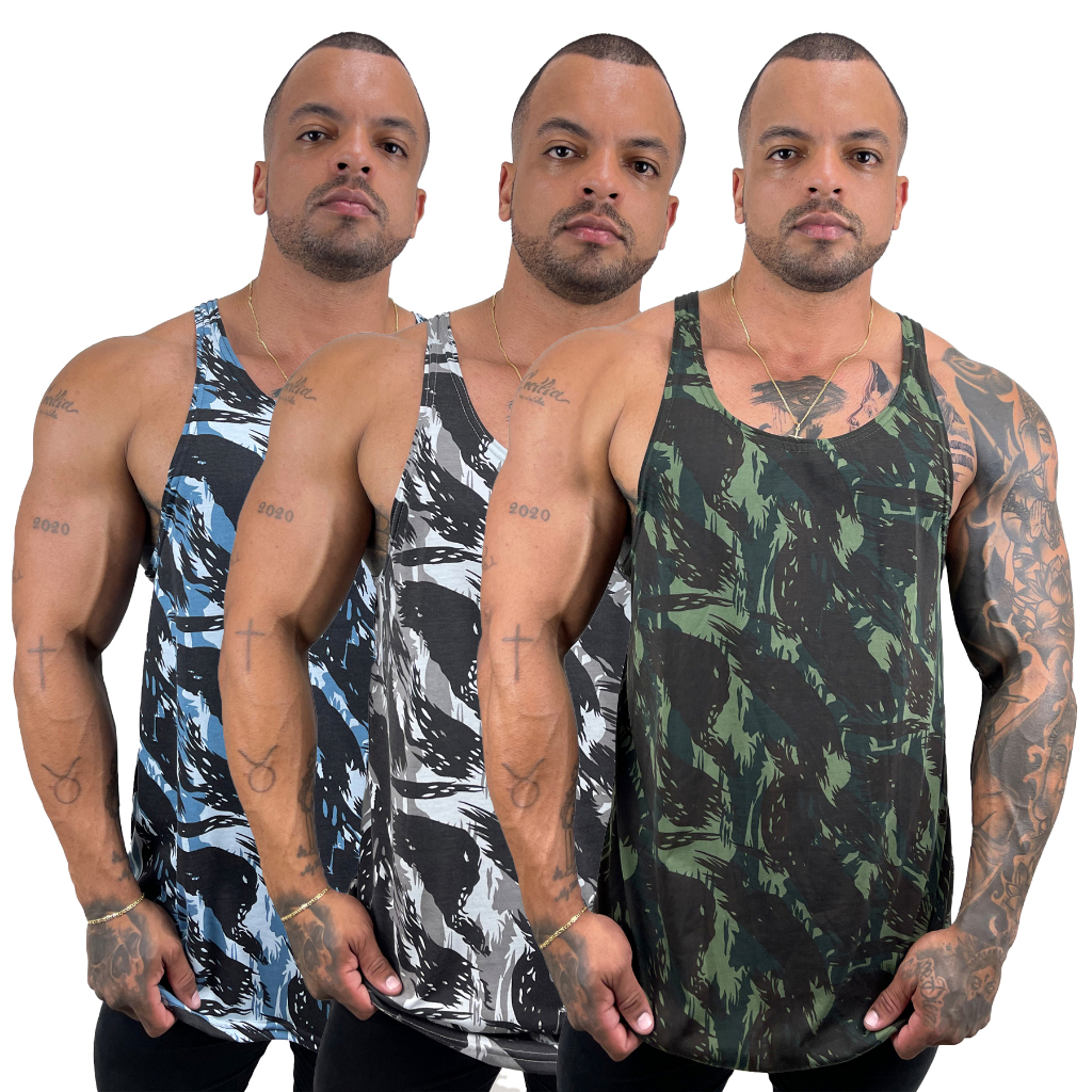 Kit com 3 Regatas Cavada Masculina Militar Exército Camuflada Bombey