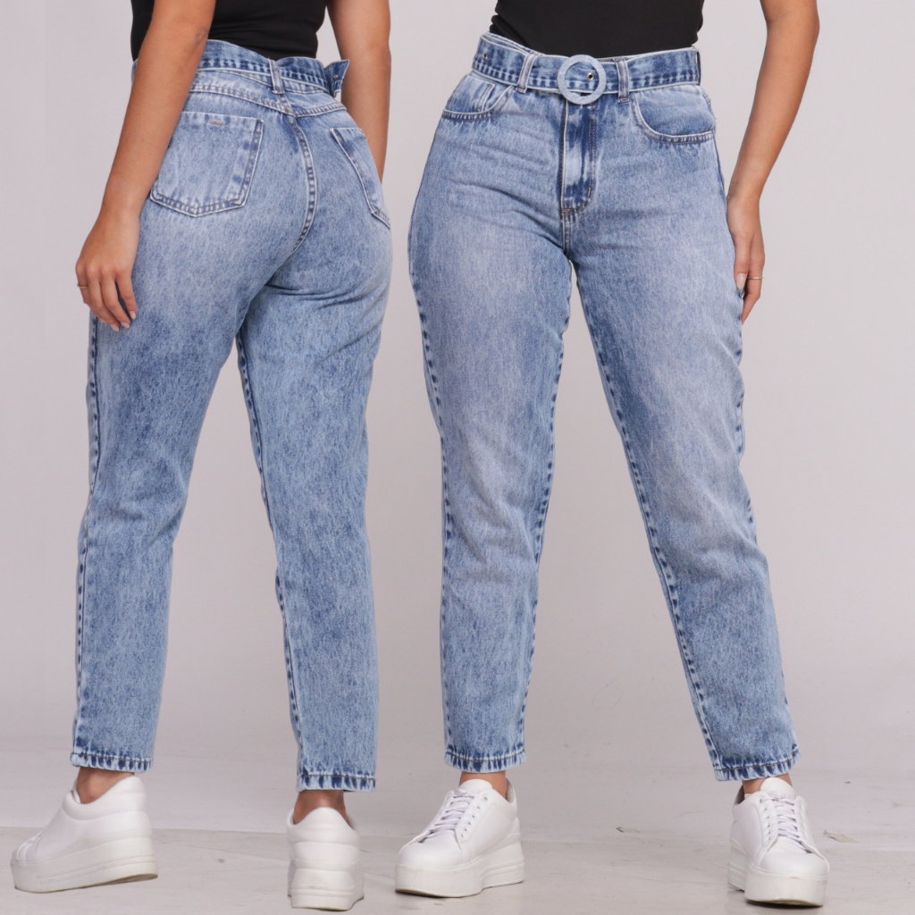 Calça Mom Jeans Com Cinto E Fivela Encapada Feminina Levanta Bumbum Cintura Alta Sem Lycra