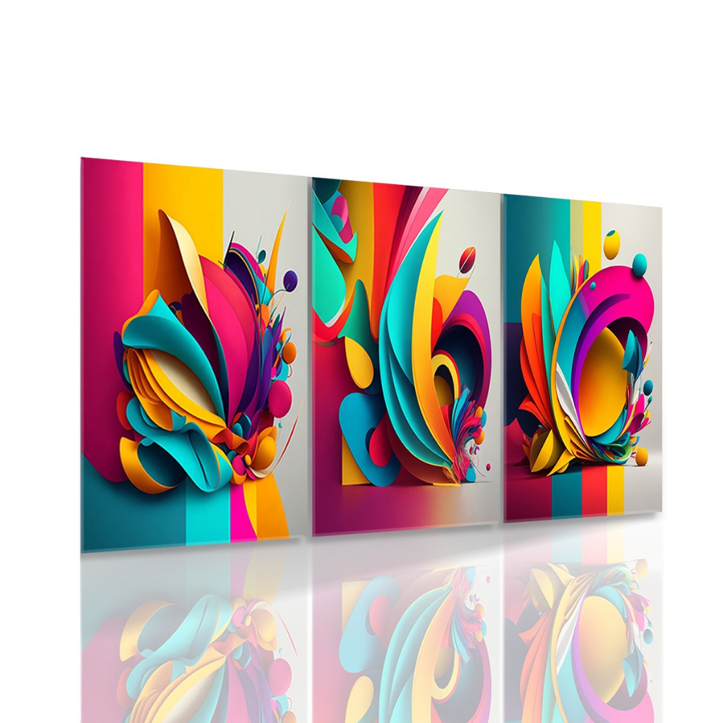 Kit 3 Quadros Placas Decorativas Trio Grande Formas Coloridas Abstratas Hall 120x60cm Para Sala Quarto Cozinha Escritório