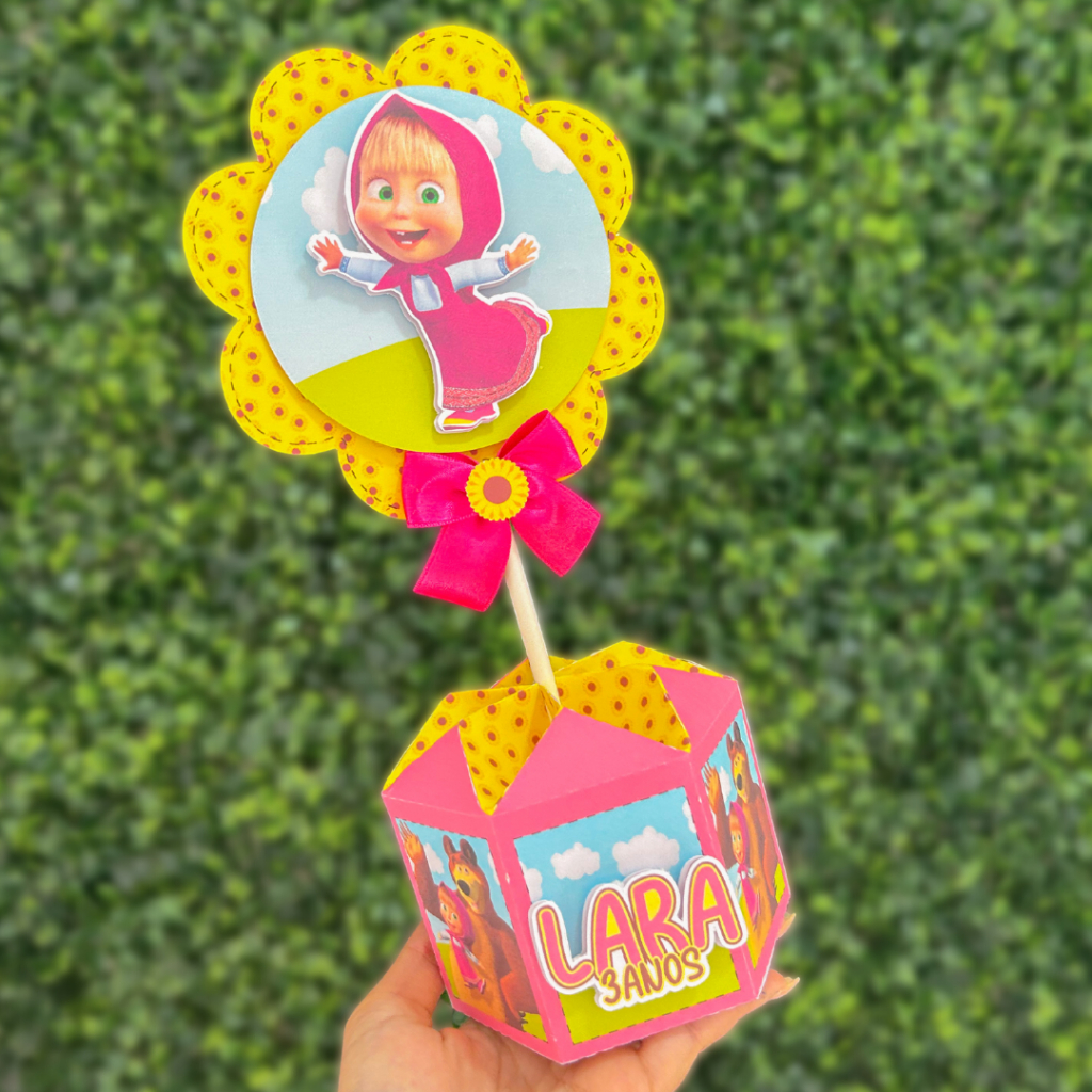 Kit de Centro de mesa Masha e o Urso Personalizado | Arranjo Enfeite Cachepô | Lembrancinha | Festa
