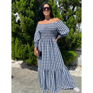 Vestido Longo Plus Size feminino xadrez ajustável ao corpo efeito afina cintura manga meia estação