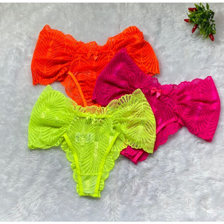 Kit 3 Calcinha Em Renda Neon Tanga Sensual Com Lateral Grapeada Ref 105