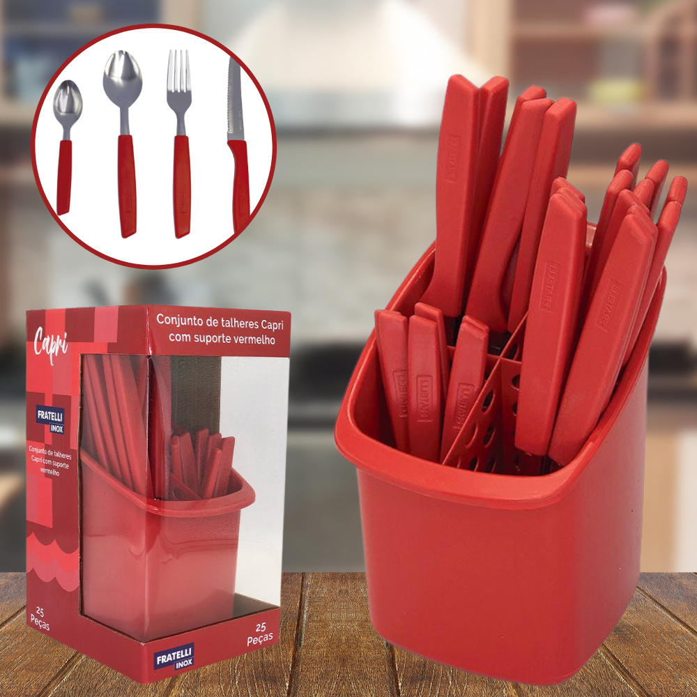 Conjunto de Talheres Capri 25 Peças Vermelho Faqueiro Utensílios de Cozinha