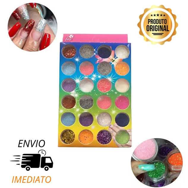 Kit C/24 Decoração De Unhas,  Glitter Variados, Caixa C/24 Glitter Po para Unha De Gel Decorada Encapsulada