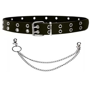 Kit Cinto Punk Rock Metal Ilhos Duplo Com Corrente Dupla Camada Lateral Acessorio