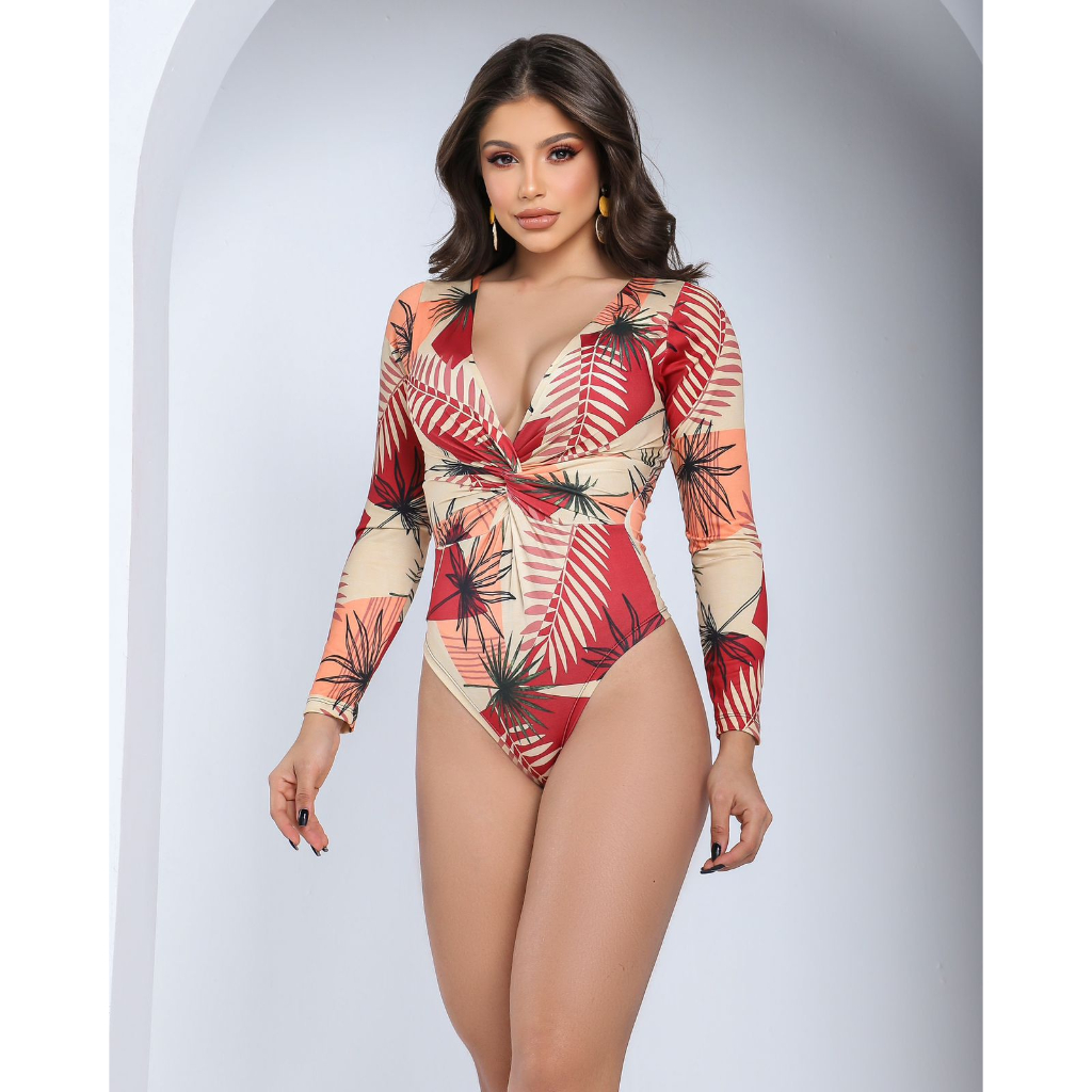 Body Nozinho  Blusa Frente Trançada Torcido Decote Manga Longa Inverno Cores Lisas e Estampado