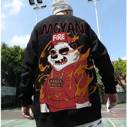 Casaco de Moletom Gola Redonda Panda Fogo Noyan Solto Moletom Casual Hip Hop  Novo!