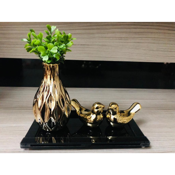 Kit Decoração para sala e rack com vasinho Vaso decorativo + Plantinha Artificial Metalizado e Um Casal de Passarinhos Pássaros Dourado/Rose Gold/Prata