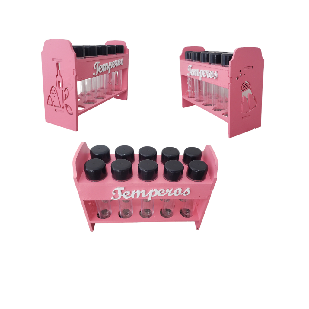 Porta tempero e condimentos bancada cozinha ROSA+10 tubetes+etiquetas em Oferta na Shopee