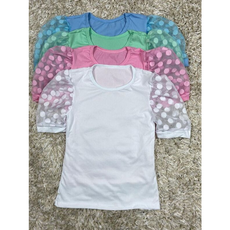 Kit 4 Blusinha Princesa Bufante Tule Manga Curta Canelada Blogueira Cores