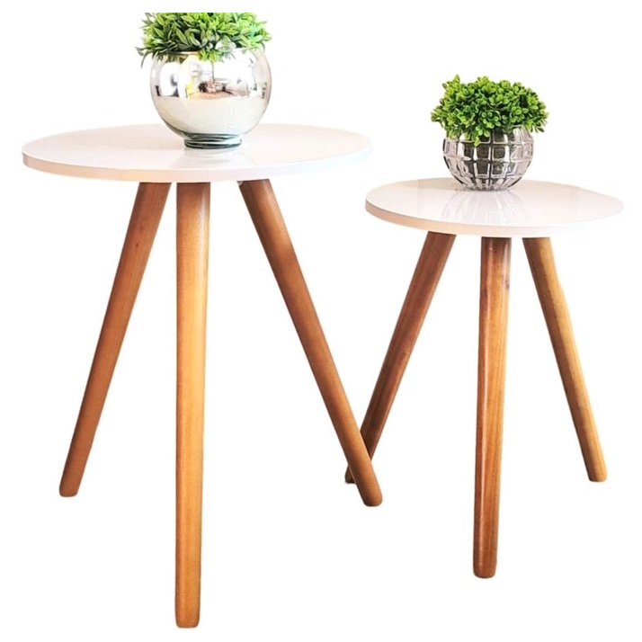 Kit com duas Mesas laterais redonda para sala na cor OFF white com pés palitos de madeira ...