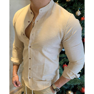 Camisete Social Masculina Gola Padre Manga Longa Linho Algodão Moda Verão em Oferta na Shopee