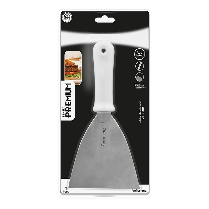 Espátula de Aço para cozinhar - chapa reta com Cabo de Plástico. Possui perfuração para pendurar em Oferta na Shopee