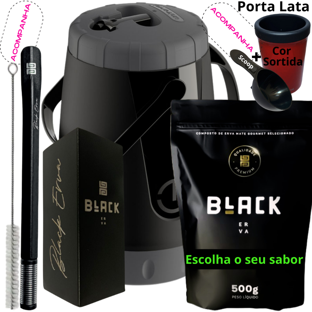 Kit Tereré Black Erva Mate Garrafa térmica Pávia Unitermi Copo Inox e Bomba Mola Inox Quadrada Preta