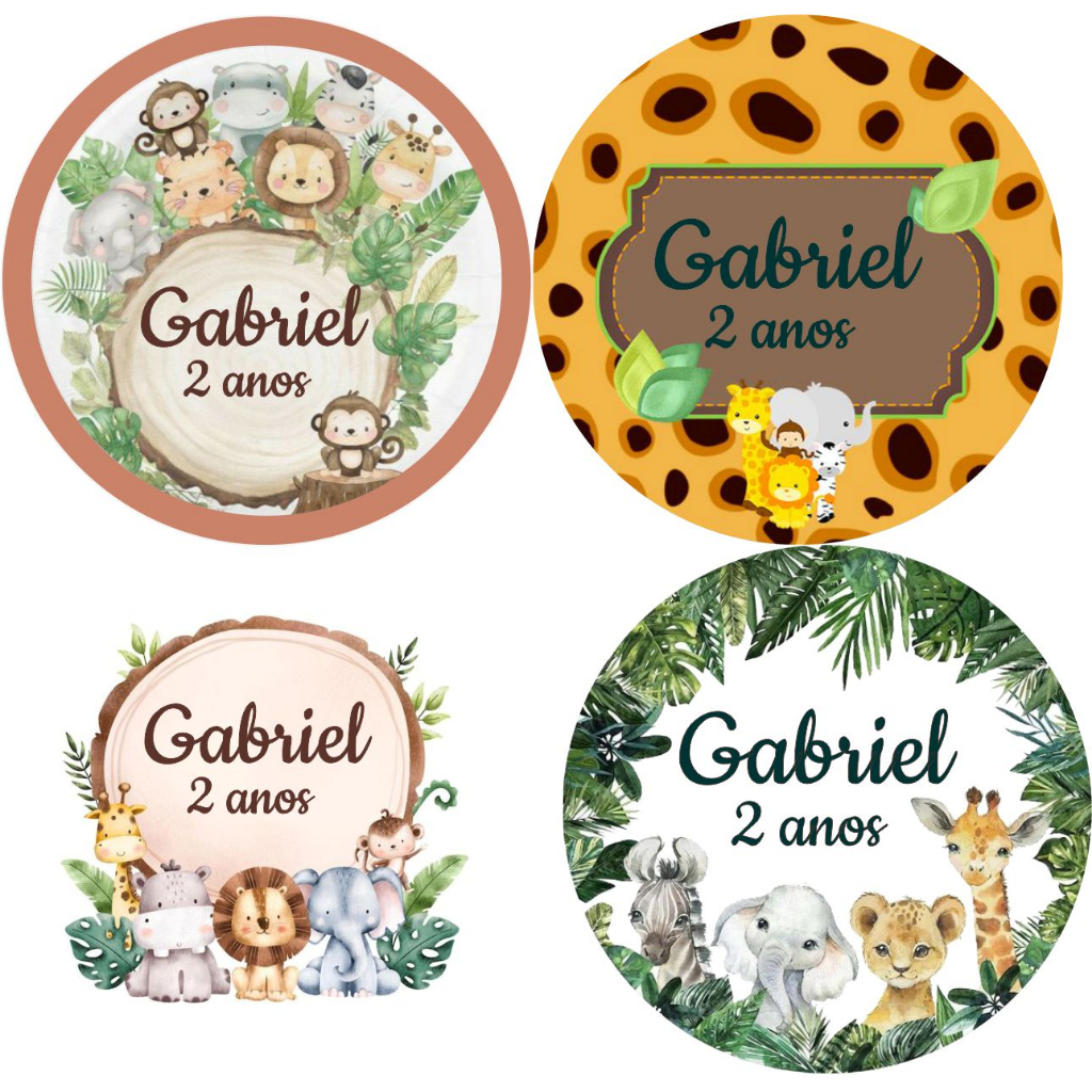 Kit 20 tags adesivas Safari para personalização de Latinhas, lembrancinhas, tubete entre outros