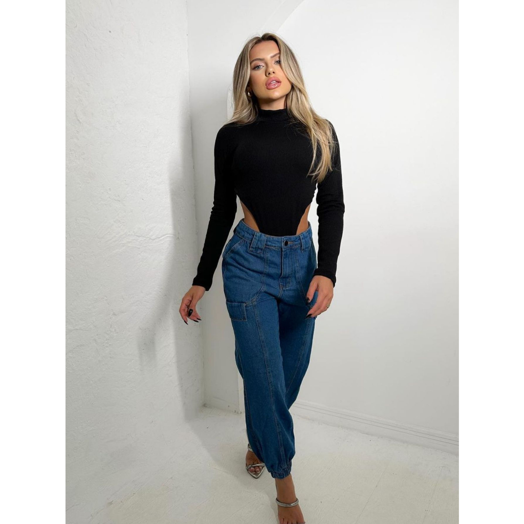 Body Feminino Manga Longa Gola Alta Cavadão nas Laterais Gringa Estilosa em Oferta na Shopee