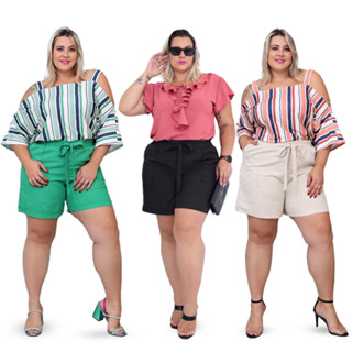 Shorts de linho com amarração feminino do tamanho 44 ao 54 - Com Forro