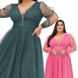 Vestido Festa Plus Size de Madrinha de Casamento Manga Longa Verde Oliva em Oferta na Shopee