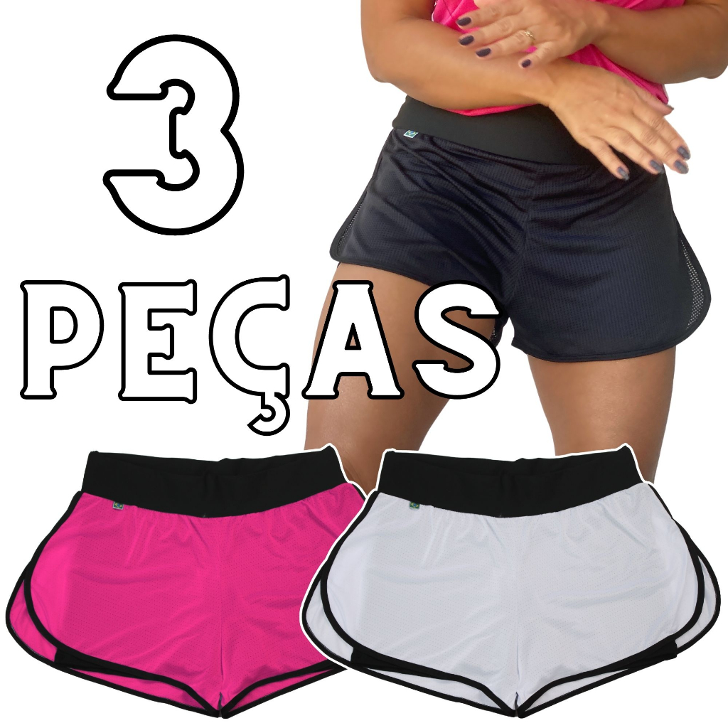 Kit 3 Short Duplo Fitness Feminino Roupa Academia Tamanhos 36 ao 58