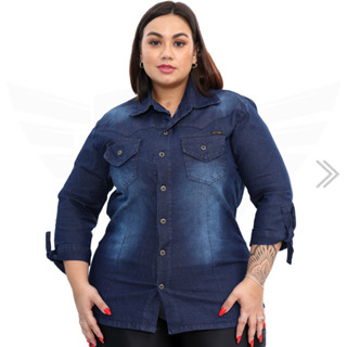 Camisa Jeans Social Feminina Plus Size Manga 3/4 com Laço no Braço - EWF - Azul Escuro