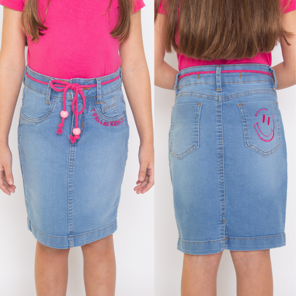 Saia Jeans Bordado de Cinto Juvenil 7PALLAS em Oferta na Shopee