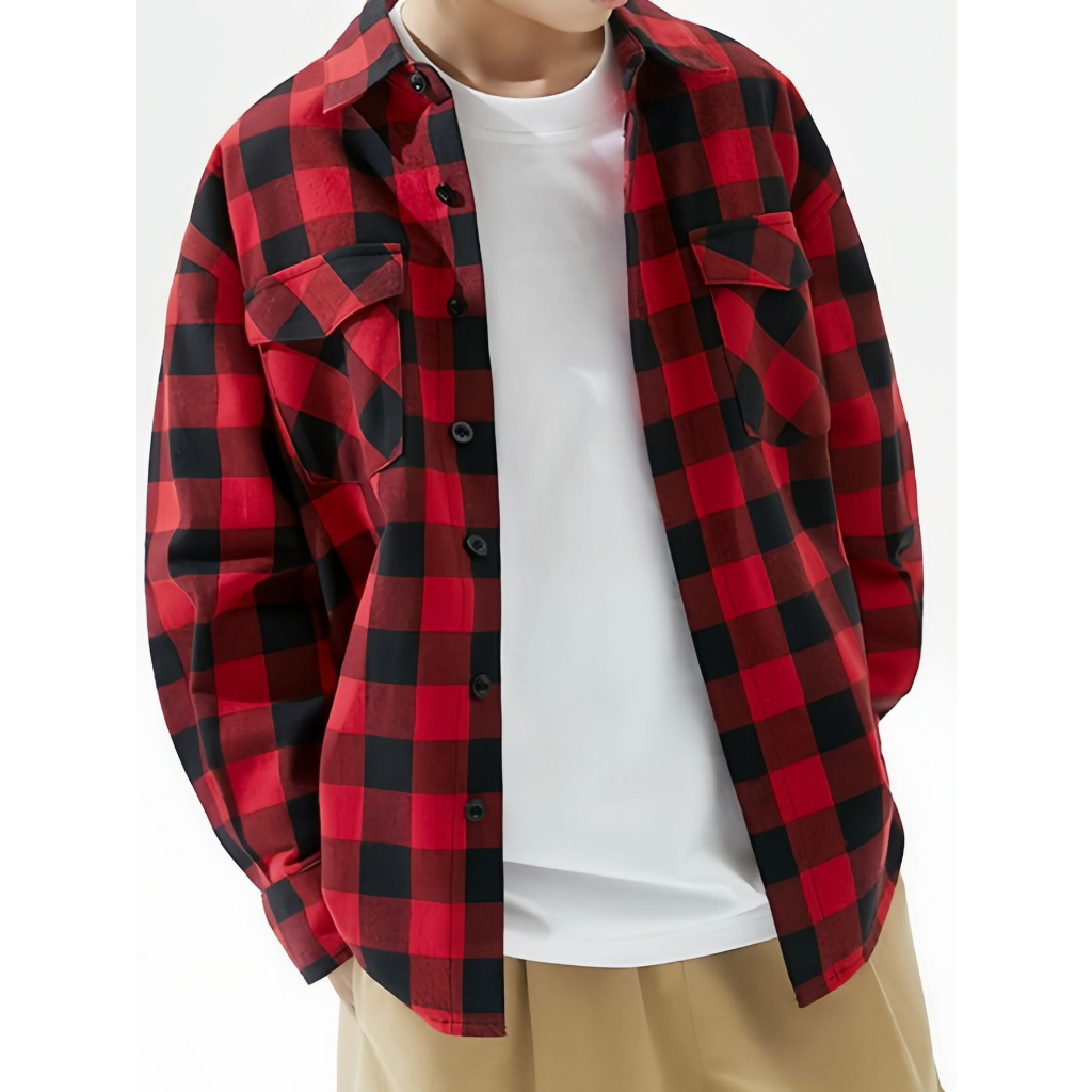 Camisa Xadrez Flanelada Masculina Com 2 Bolsos Frente Manga Longa Camisa Com Botão