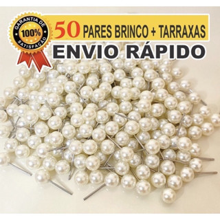 100 Pares de Brincos de Pérola 6 e 8 mm com tarracha de silicone