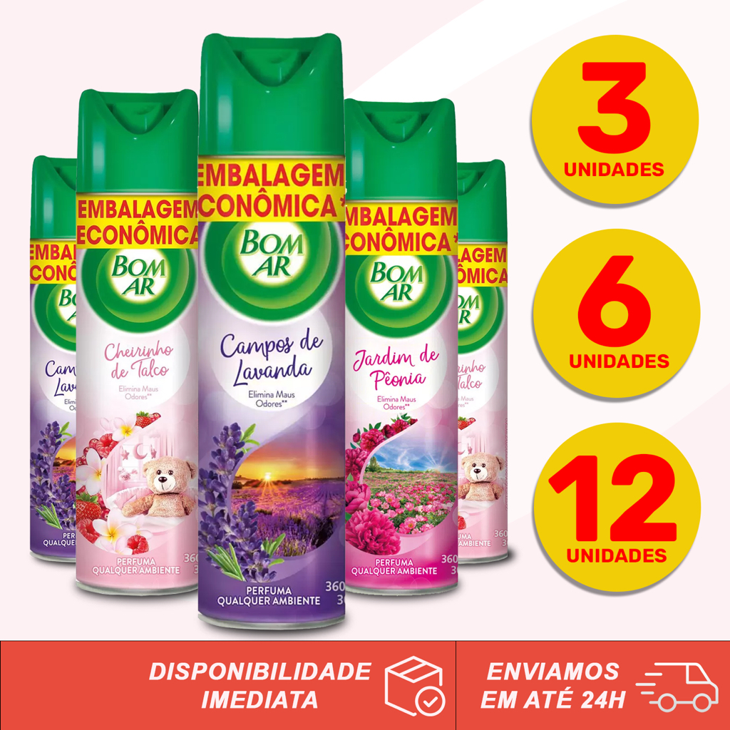 KIT PROMOCIONAL Bom Ar Spray Air Wick Original Aromatizante Ambientes Tira Neutraliza Cheiro Ruim Combate Maus Odores Fragâncias Lavanda Talco Jardim Peônia 360ml