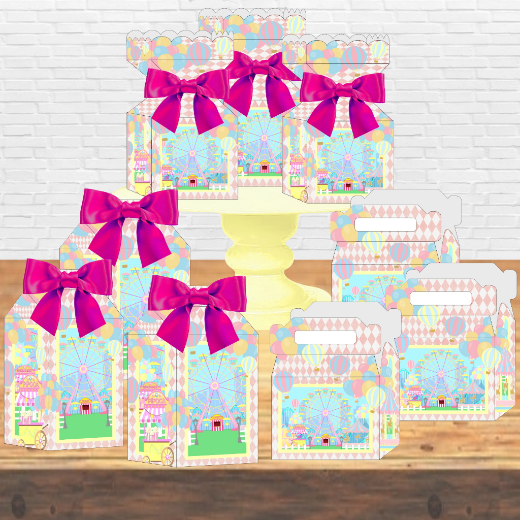 Kit 30 Caixinhas Parque de Diversões Carrossel Cute 2 em 1 Lembrancinhas Decorativas, Festa Aniversário tema Roda Gigante, Chá de bebê