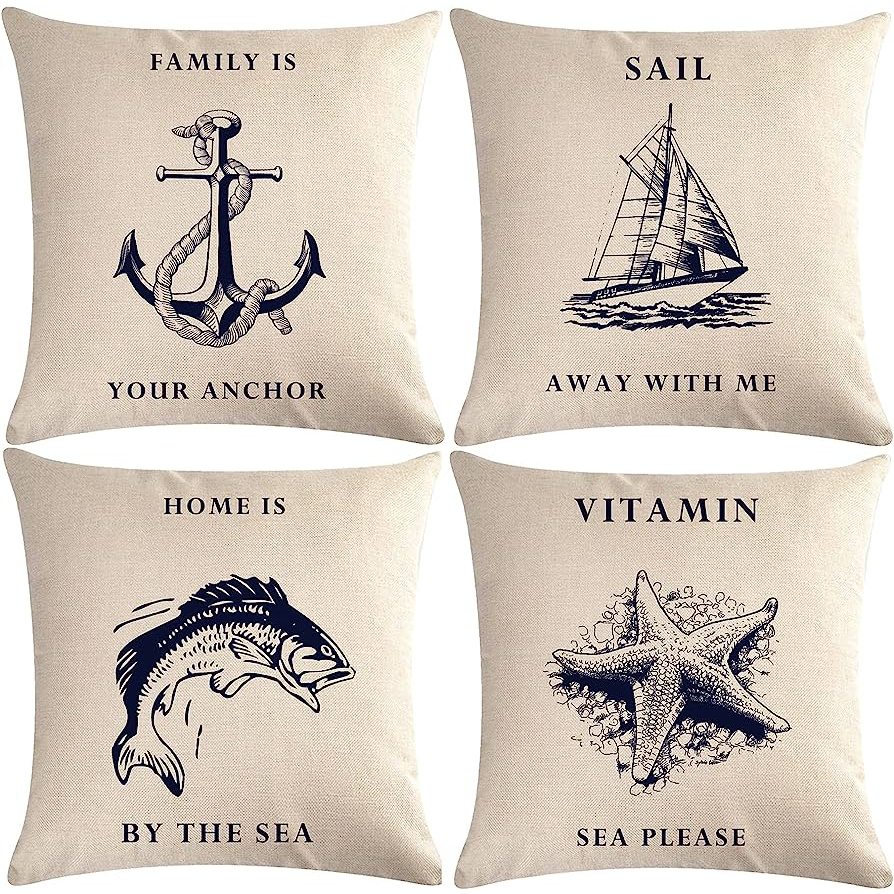 Kit Com 04 Capas Para Almofadas Decorativas Ideal Para Decoração de Quarto e Sala Tema Mar com Zíper - Água