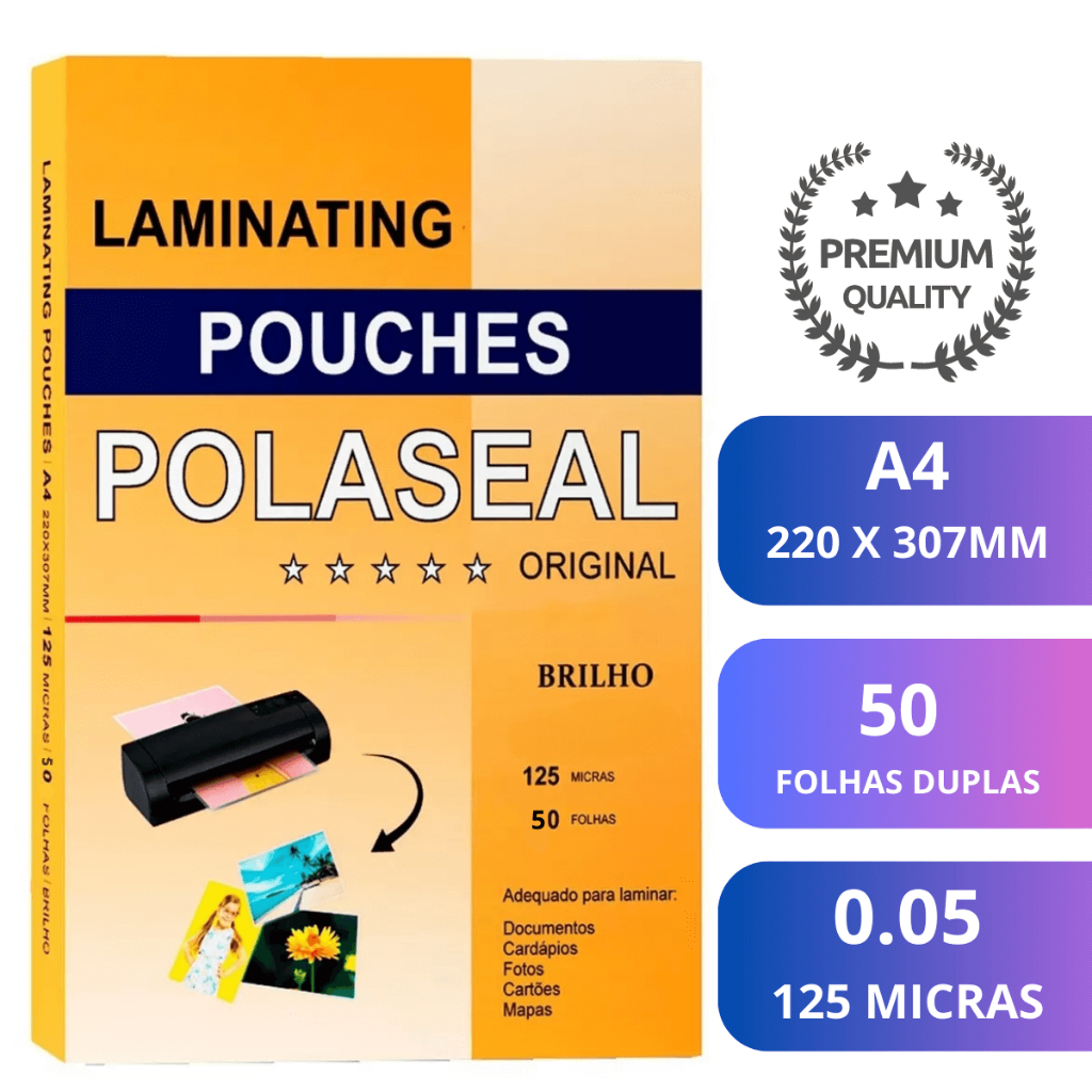 Plástico Para Plastificação Polaseal A4 0.05 Pouch Film 125 micras 50 Folhas 220x307