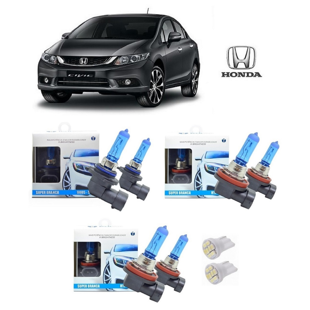 Kit 6 Lampadas Super Brancas para Farol Alto / Baixo e Milha Modelo HB3 H11 e H11 com 8500 Kelvins para Honda New Civic ano 2015 2016 2017 2018 2019 2020