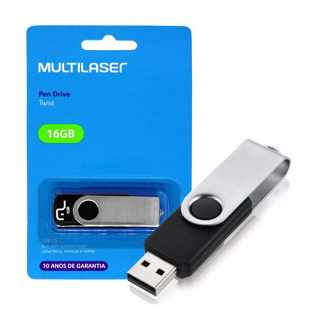 Pen Drive Multilaser Twist USB 8GB 16GB 32GB 64GB PD588 Preto e Prateado