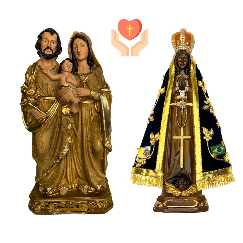 Kit Imagens Sagrada Família 30cm + Nossa Senhora Aparecida 30cm - Resina e Gesso