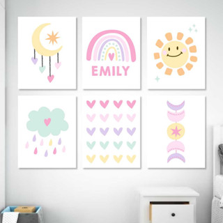 Quadros Decorativos Arco Iris Sol Lua Pastel para Decoração Boho de Quarto Infantil Juvenil