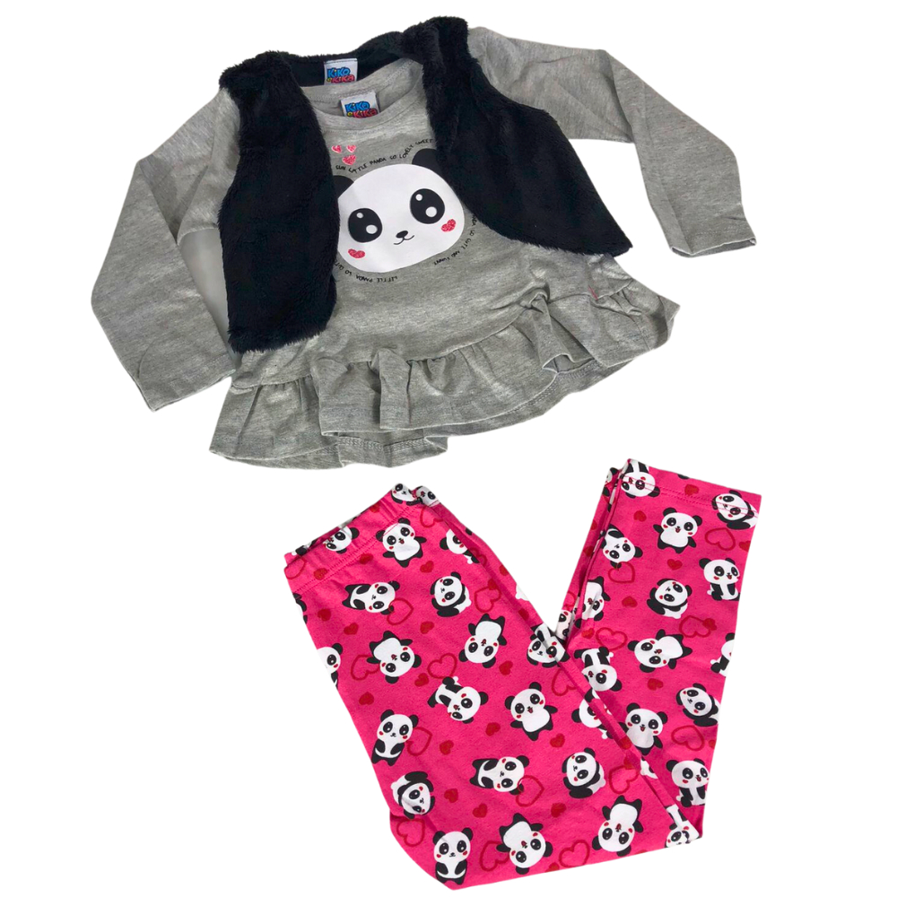 Conjunto Inverno Menina 3 Peças Colete Legging Blusa Manga Longa Infantil Panda Algodão Feminino Kiko E Kika REF. 9231