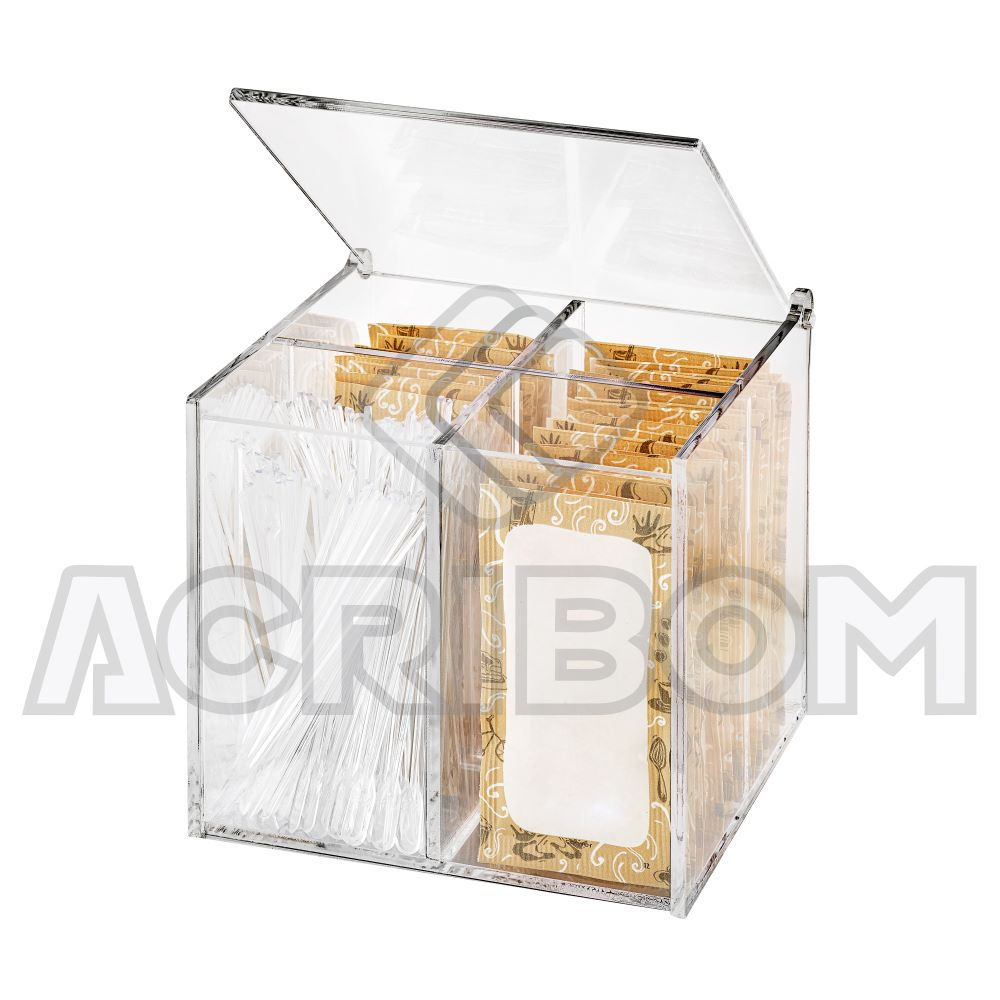 Caixa Porta Açúcar Organizador de Sachês Com Tampa Articulada em Acrílico Cristal - Acribom