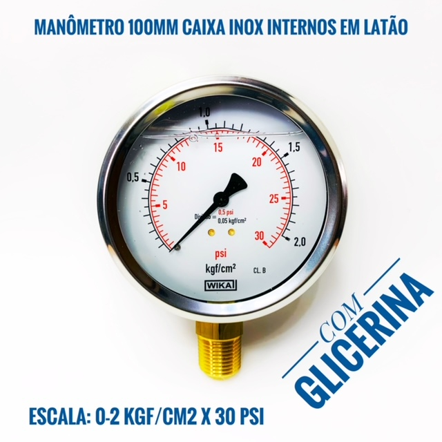 Manômetro 100mm 0-2 Kgf/cm2x 30 Psi Vertical Com Glicerina
