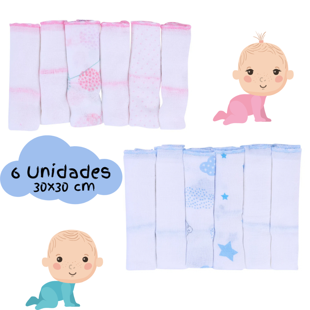 Pano de Boca Kit 6 Unidades Paninho Fralda de Bebe 100% Algodão 30cmx30cm em Oferta na Shopee