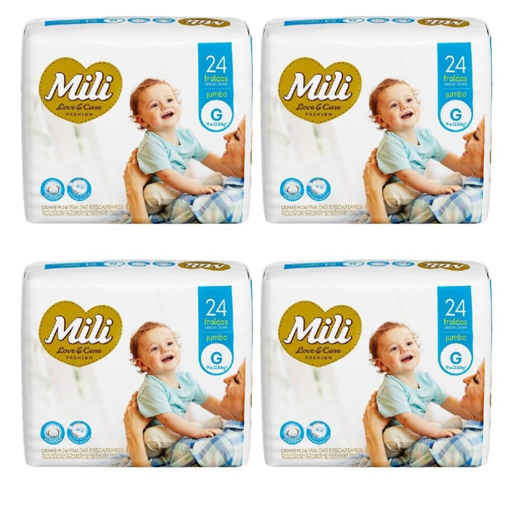 Fralda Descartável  MILI Love Care  Linha Premiun  Tam G  4 Pacotes contendo 24 fraldas (Total = 96 fraldas)