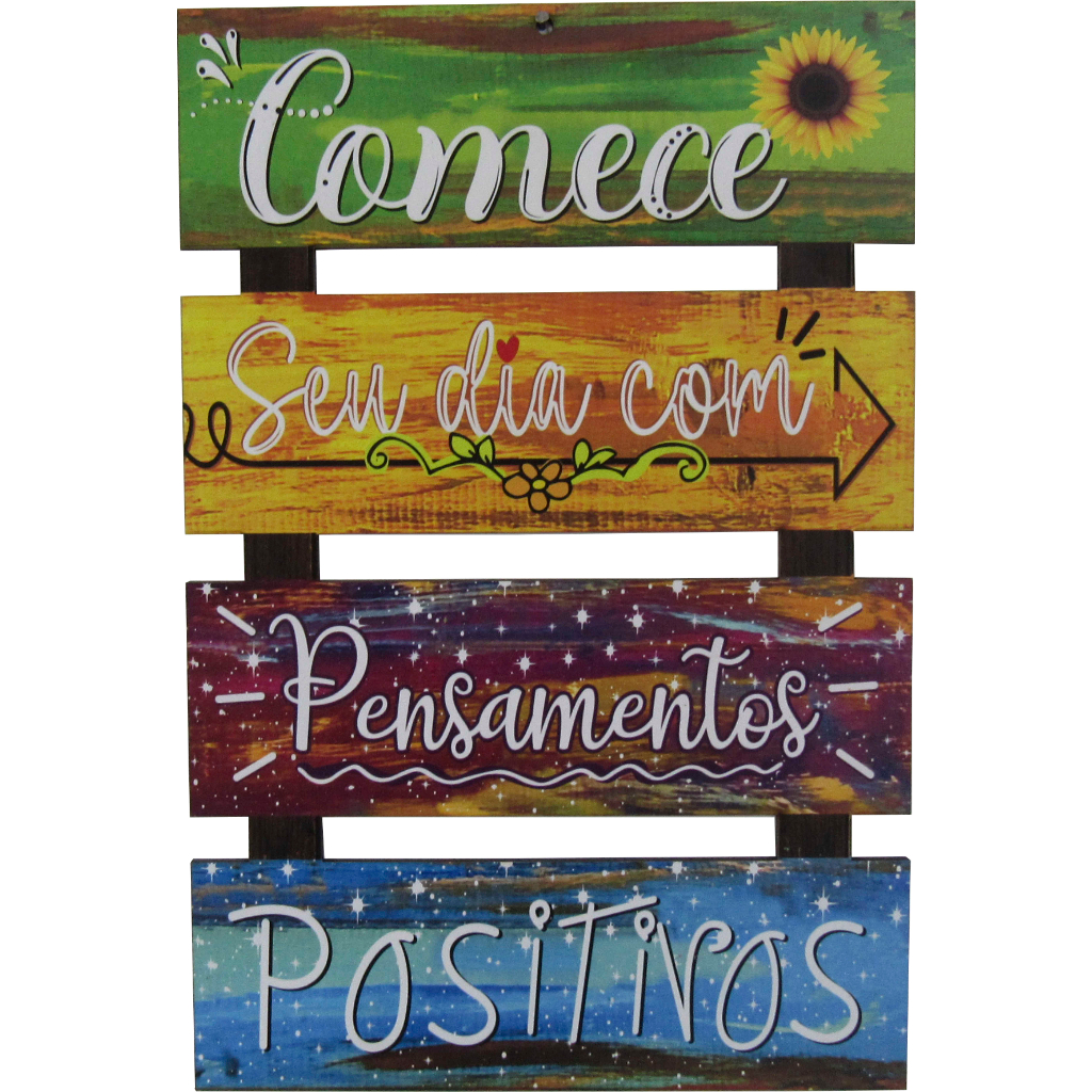 Placa Decorativa Parede 4 Partes Frase Motivacional MDF Comece o Dia com Bons Pensamentos