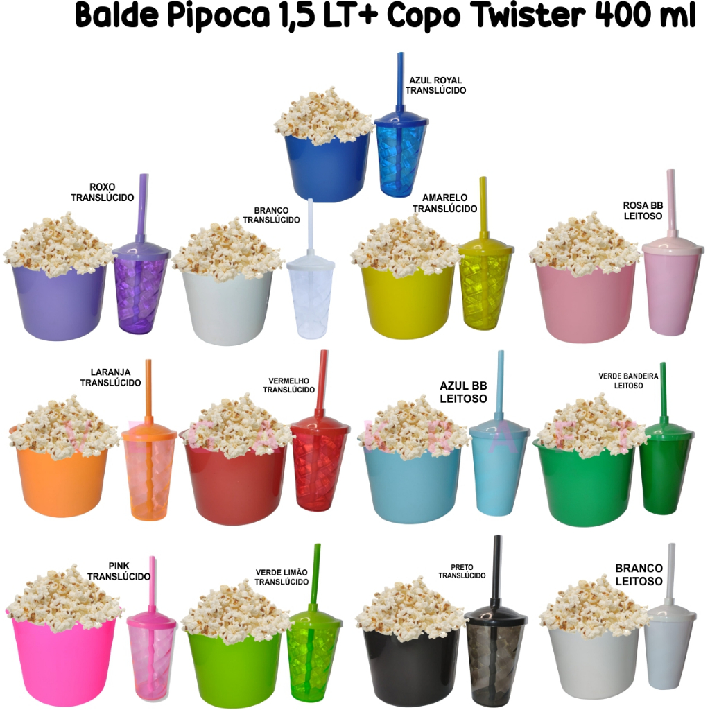 Kit 10 Cinema Balde Pipoca 1,5 LT + 10 Copos Twister 400 ML em Oferta na Shopee
