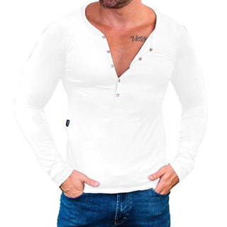 Camisa Henley Camisa Slim Botão Blusa Básica Manga Longa